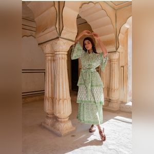 Sue Sartor Ibiza Triple Tier Hostess Dress Basil/Cardamom Sz Large